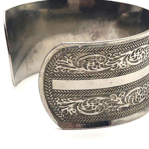 Vintage Silver Tone Wide Cuff Bracelet Etched Scrollwork, Boho Statement - Picture 13 of 15